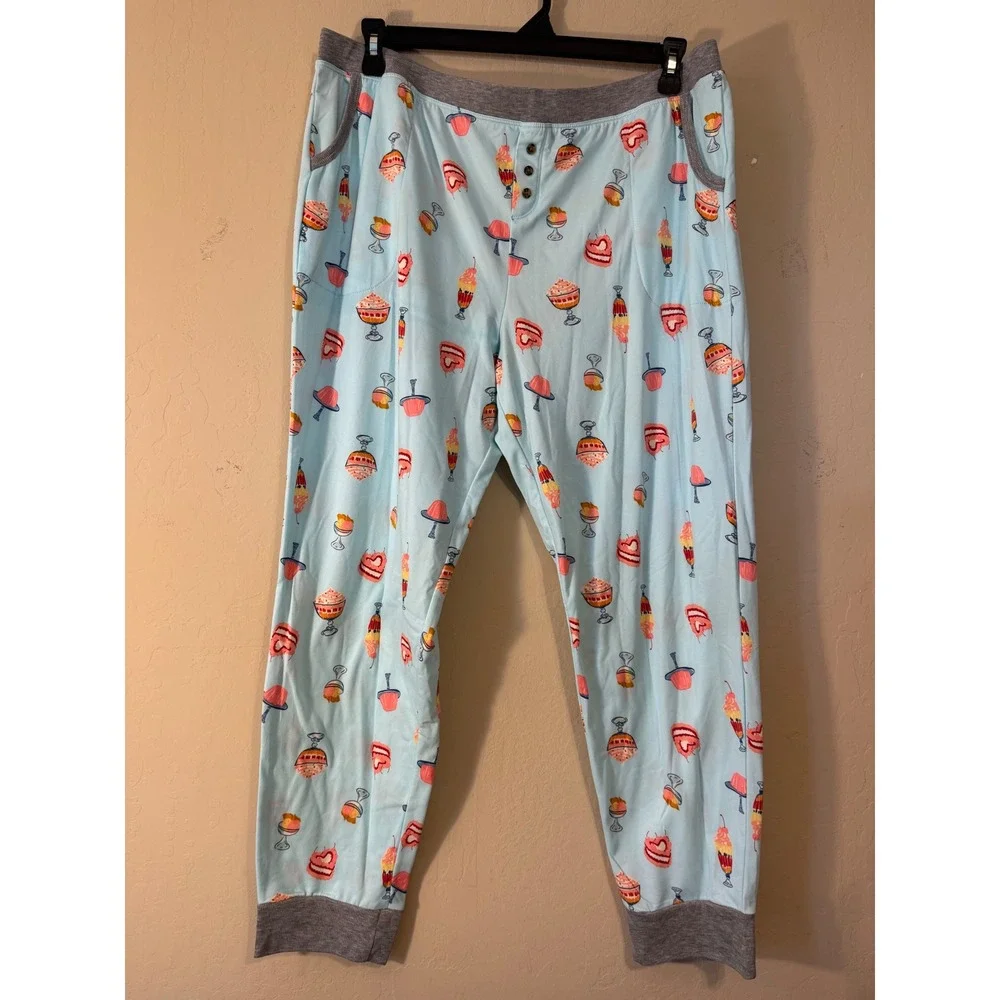 Cuddl‎ Duds Pajama Set Women XL Blue Dessert Print Henley Jogger Loungewear NEW